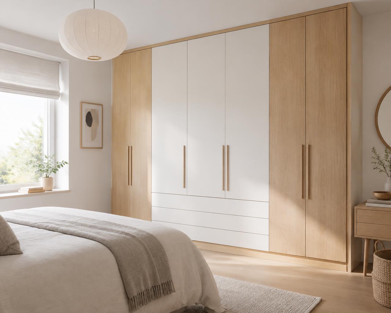 Garderobe i lyst egetræ og hvide låger
